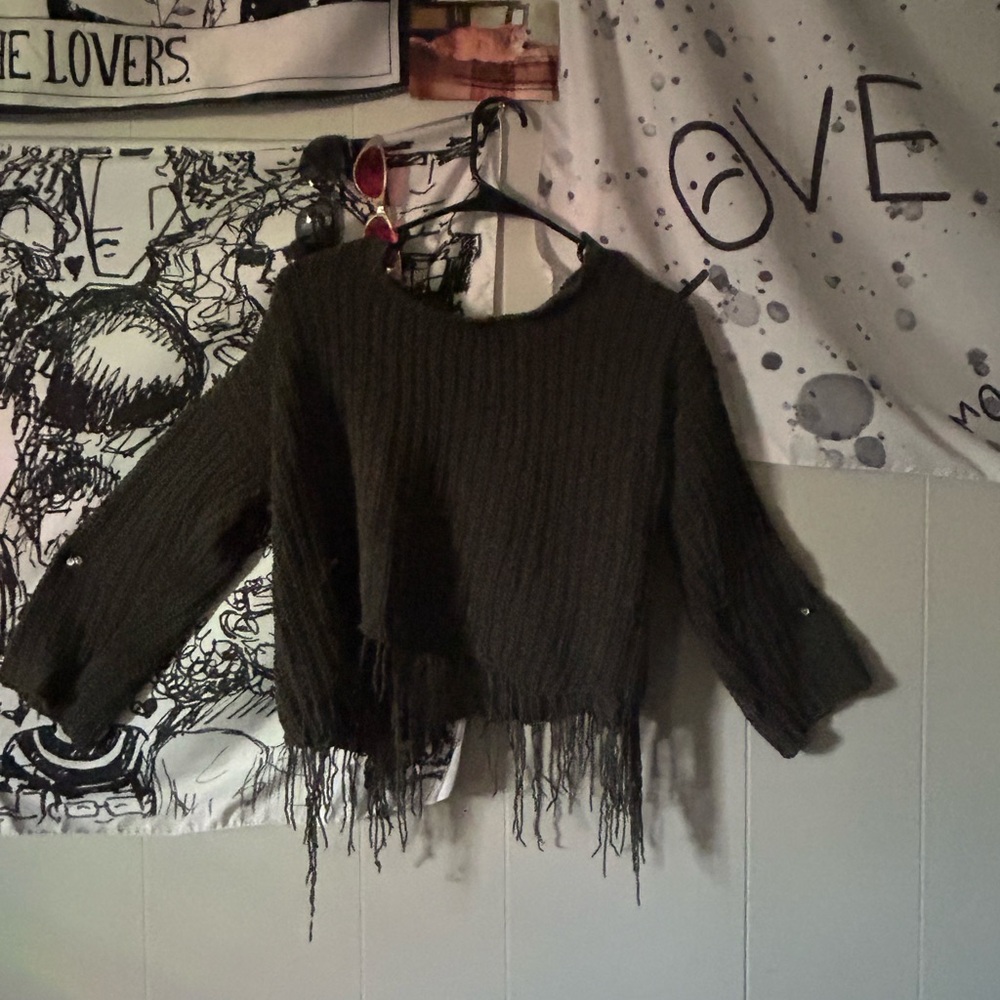 Fringed Dark Green Sweater